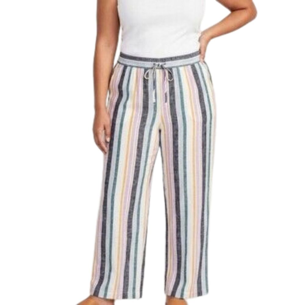 Old Navy women's linen blend pants size S striped colorful pull on beach casual